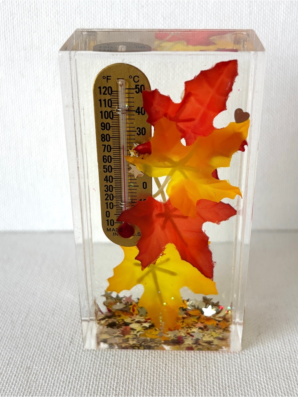 Lucite Star Fall Leaf Filled Thermometer 90s Vintage Snow globe Orange Yellow